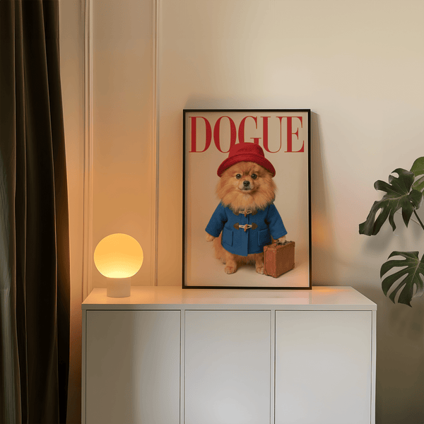 Paddingtron Impression murale représentant un ours poméranien avec une valise, idéale pour décorer un bureau.