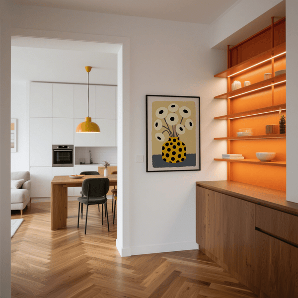 Affiche artistique « Yellow Vase » avec les couleurs jaune, noir, beige et bleu pour votre galerie murale à la maison