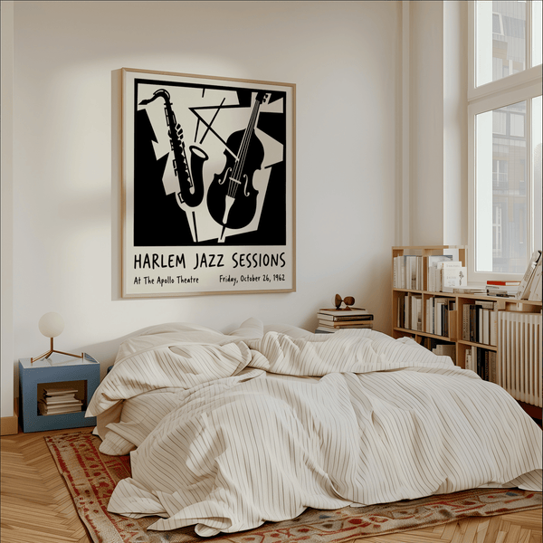 Poster musical mural sur le thème du jazz, noir et blanc, adapté à une salle à manger