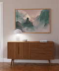 Misty Mountain Temple Art, impression murale, couleurs beige, vert et rose, pour coin lecture