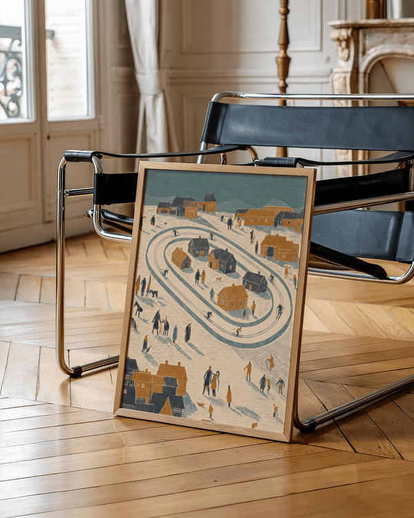 Impression artistique « Village d'hiver » dans des tons bleus, orange et beiges chaleureux, idéale pour décorer une chambre à coucher.