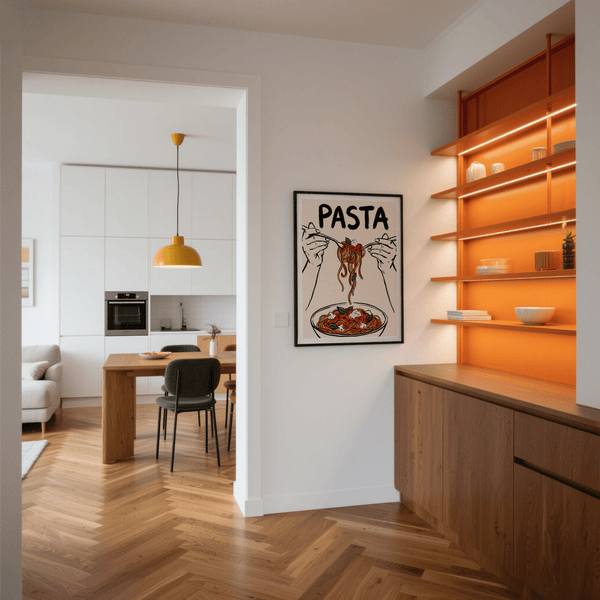 Impression artistique de pâtes d'inspiration italienne en rouge, noir et blanc pour les cuisines