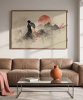Poster mural oriental, montagnes noires avec soleil rouge pour décorer le mur de la salle à manger