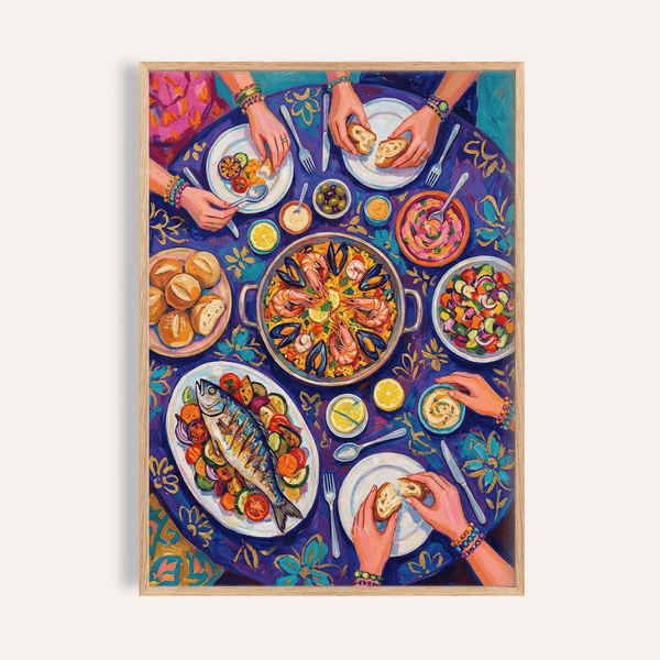 Impression artistique alimentaire multicolore, violette, jaune et bleue pour décorer les murs de votre cuisine