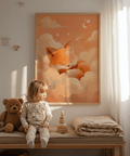 Impression artistique Sleeping Fox pour salle de jeux, couleurs orange et beige, décoration murale