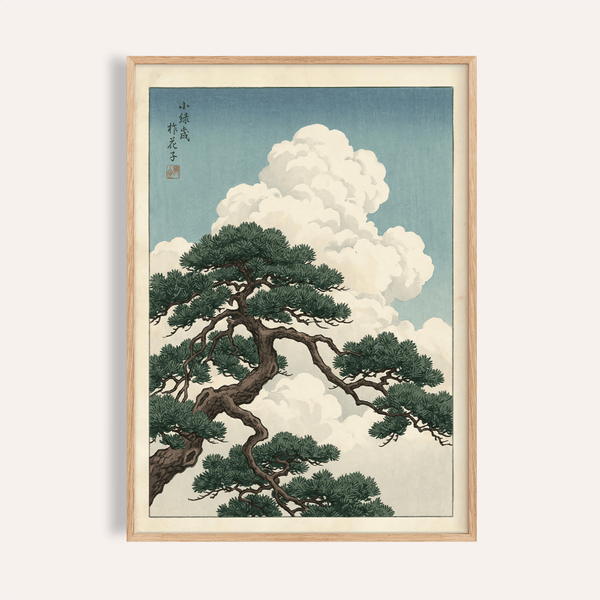 Poster japonais représentant un paysage avec des pins verts et des nuages blancs, pour décorer le mur de votre salon.