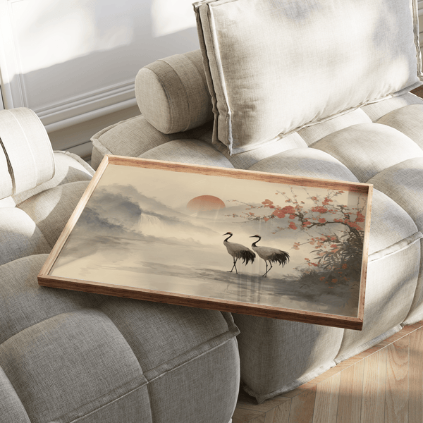 Affiche d'art japonais et grues, idéale pour les espaces de méditation calmes, beige et vert
