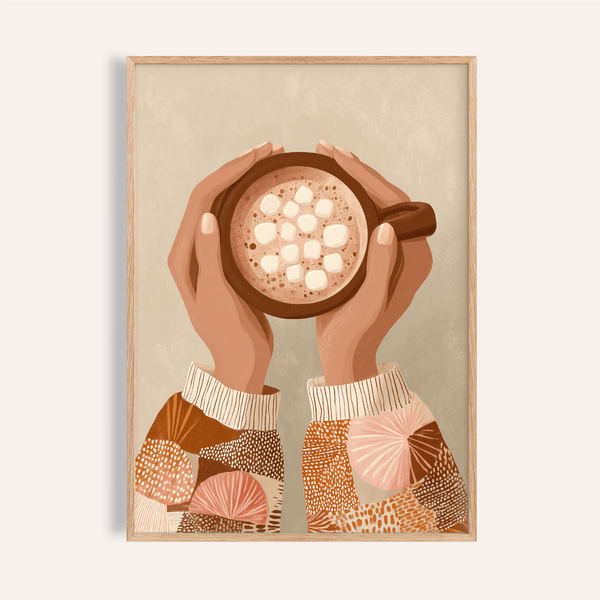 Jolie affiche artistique sur le thème du café, dans des tons marron et beige, pour décorer les murs de votre cuisine.