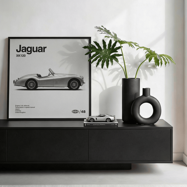 Impression artistique Jaguar XK120 pour entrée, tons noir et blanc, affiche
