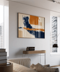Impression murale artistique bleue et orange, adaptée aux espaces contemporains bleus et orange