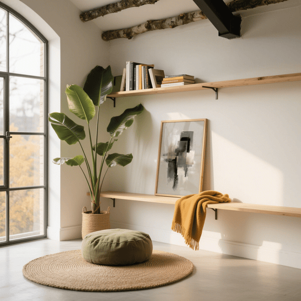 Art mural contemporain neutre Wabi Sabi avec des détails verts pour un espace de vie apaisant