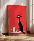 Décoration murale fantaisiste pour les amoureux des chats, tons noir, rouge et blanc, style impression artistique