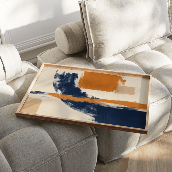 Art bleu et orange : couleurs vives dans une impression artistique abstraite pour décorer les murs d'un couloir