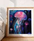 Art mural moderne et coloré représentant des méduses, idéal pour les intérieurs contemporains.