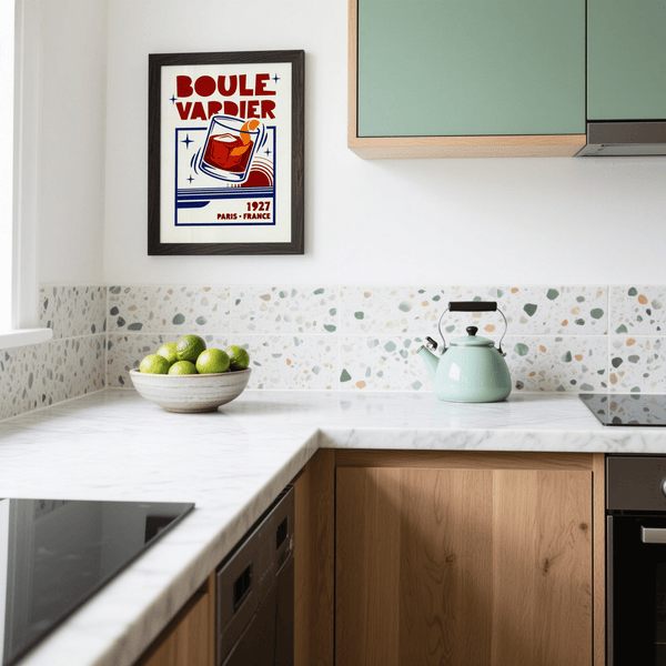 Boulevardier Cocktail Print, retro Red, Orange, Blue dining area art