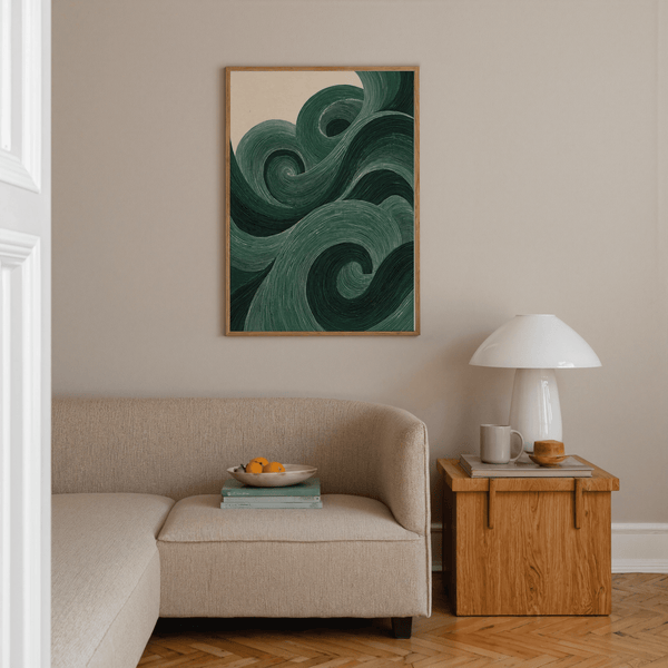 Art mural moderne vert avec des courbes vertes vives, idéal pour décorer les murs d'un couloir.