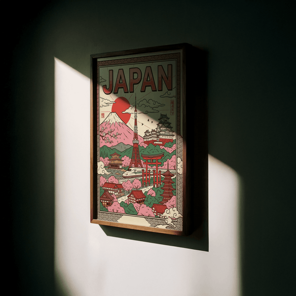 Décoration murale japonaise représentant des icônes culturelles en beige et vert pour décorer les murs d'un couloir.