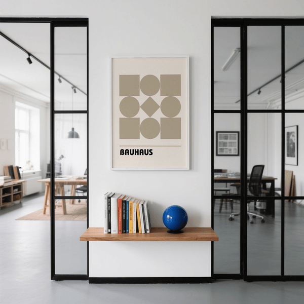 Impression artistique représentant une forme géométrique en blanc et beige pour rehausser votre salle à manger