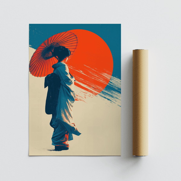 Affiche Pop Art représentant une geisha japonaise en kimono bleu pour un salon moderne, rehaussée de touches de rouge et de beige.