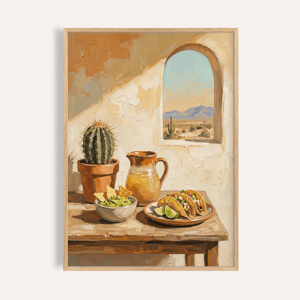 Impression artistique sur le thème de la cuisine mexicaine, avec des tons beiges, marron et verts, pour décorer les murs de votre cuisine.