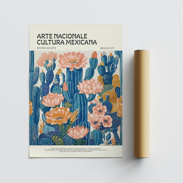 Affiche de style mexicain pour les intérieurs bohèmes, avec des motifs floraux et végétaux inspirés du désert.