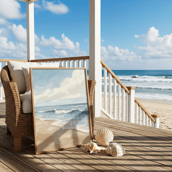 Affiche Seascape mettant en valeur le bleu, le beige et le blanc dans un imprimé représentant une maison de plage