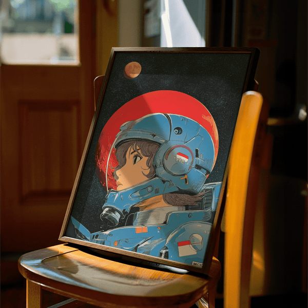 Impression artistique Space Girl, accents rouges et bleus, décoration murale moderne pour bureau à domicile