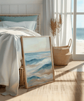 Impression artistique Ocean Wave en bleu, blanc et beige pour une décoration moderne dans votre entrée
