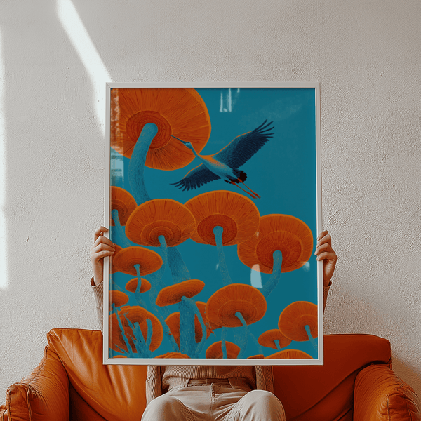 Impression Japandi Bird aux couleurs bleu et rouge, décoration murale élégante pour le bureau