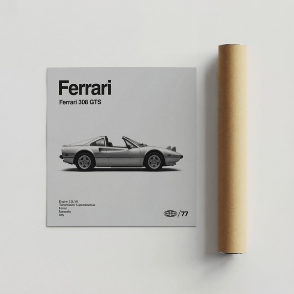 Affiche Ferrari 308 GTS grise et noire pour un salon sur le thème de l'automobile