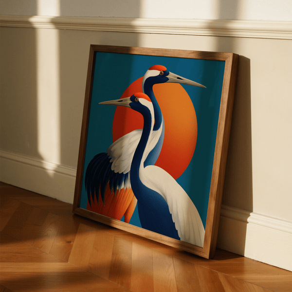 Grande décoration murale représentant des oiseaux avec un soleil orange et des plumes bleues pour décorer votre entrée