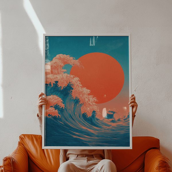 Impression artistique moderne Japandi Waves pour salle d'étude, en bleu et rouge