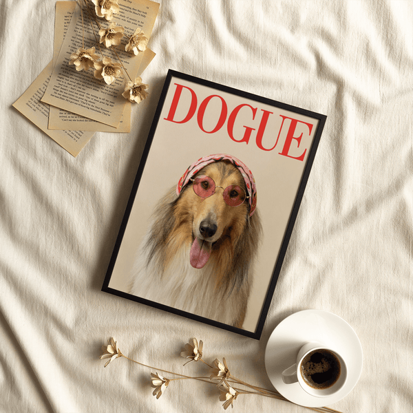 Impression murale Rough Collie Dogue mettant en valeur le rose et le beige, idéale pour les bureaux à domicile contemporains.