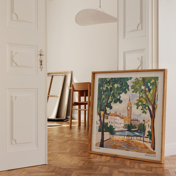 Impression architecturale de Londres aux couleurs vives et aux formes fluides, proposée par Matisse Prints for Sale.