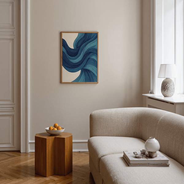 Art abstrait moderne représentant des vagues dans des tons bleus pour une affiche de chambre à coucher