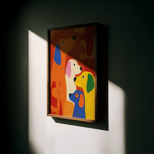 Imprimé chien coloré conçu avec des tons orange et jaune pour décorer les murs d'une chambre d'enfant.