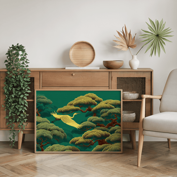 Œuvre d'art représentant une grue blanche avec du vert et du blanc, salle de relaxation, reproduction artistique