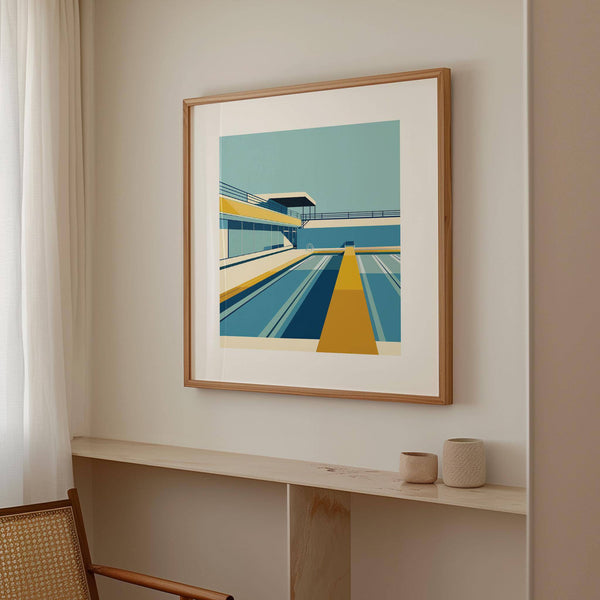 Imprimé minimaliste représentant une piscine avec des lignes géométriques structurées pour la décoration de bureau