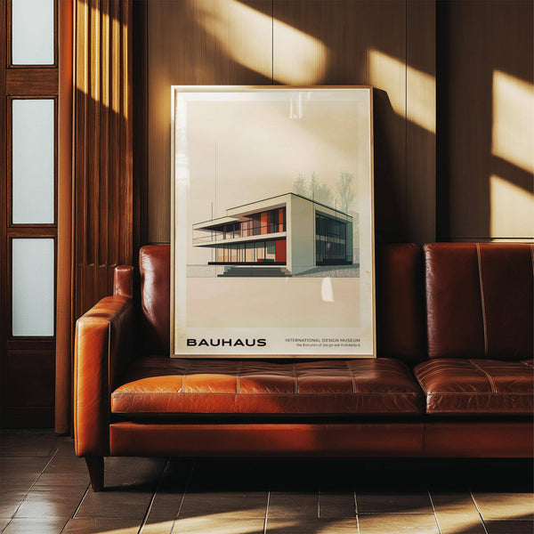 Poster représentant un mur rouge dans une architecture Bauhaus, idéal pour les intérieurs créatifs