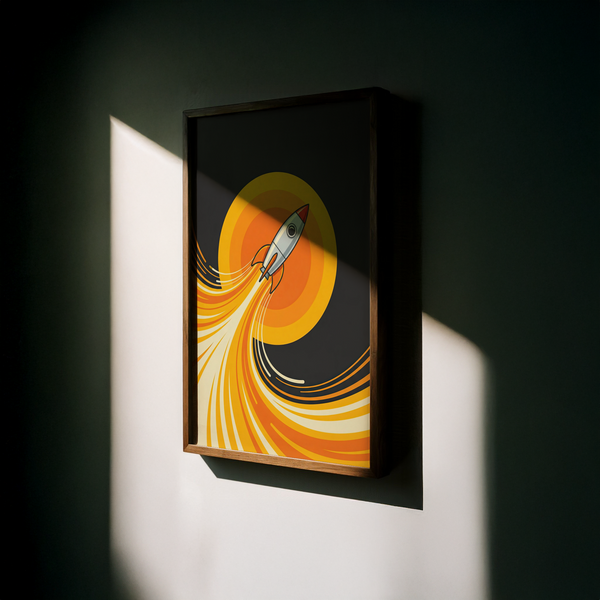 Rocket Wall Art print for office decor, vibrant Yellow and Orange