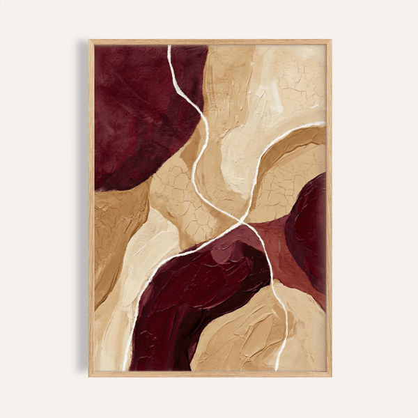 Impression abstraite bordeaux avec rouge, marron et beige pour décorer les murs de votre salon