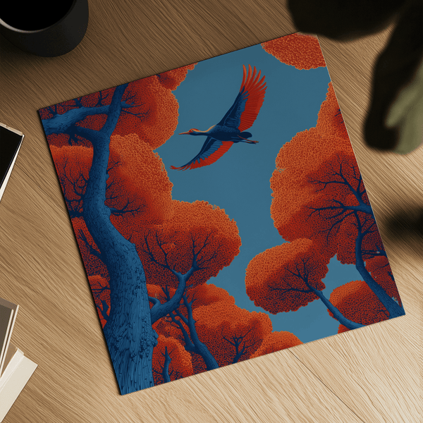 Poster décoratif Fyling Bird avec fond bleu et arbres rouges pour chambre à coucher