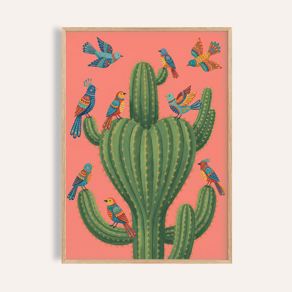 Art coloré représentant un oiseau et un cactus, dans les tons rose et vert, pour décorer les murs d'une chambre à coucher.