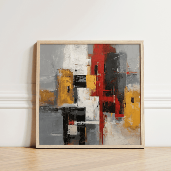 Affiche abstraite rouge et jaune, art moderne pour salle à manger avec touches de couleur