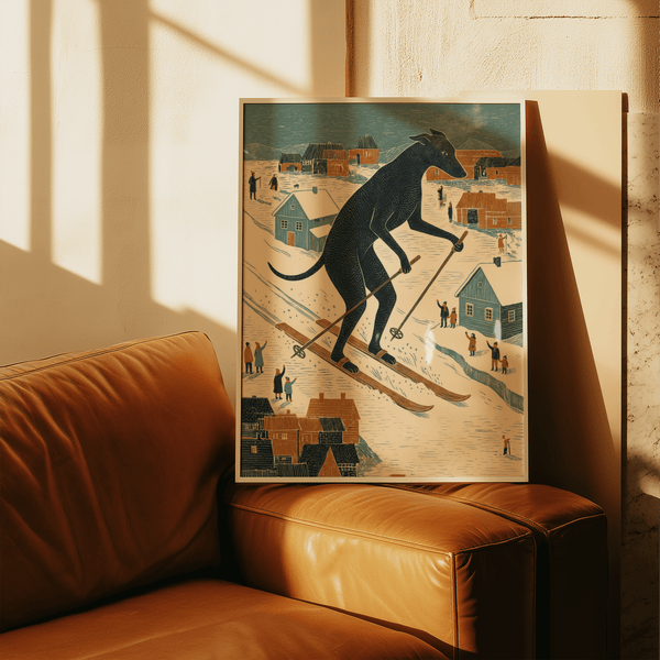 Reproduction artistique d'un chien skieur dans des tons bleus, orange et beiges pour le mur du couloir