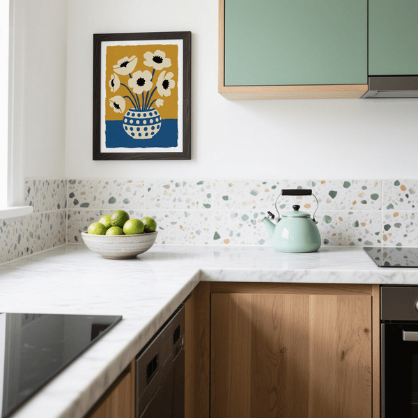 Impression artistique florale en blanc et jaune, décoration murale pour cuisine