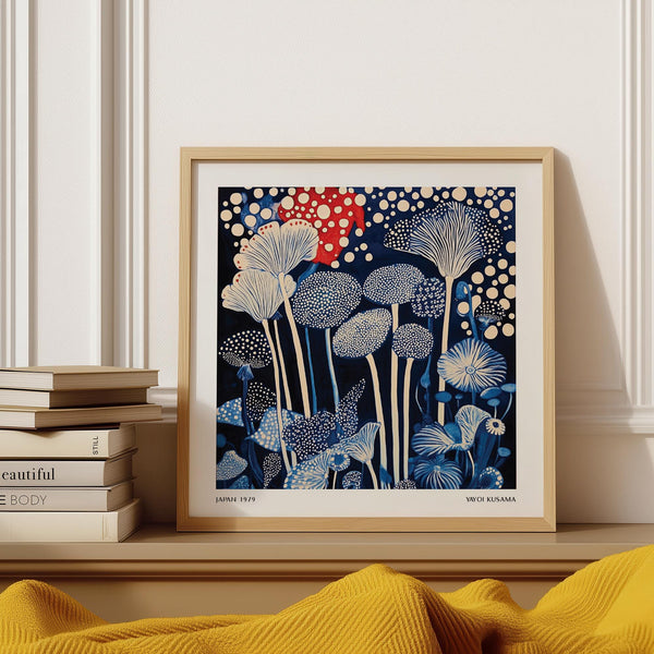 Abstract mushrooms in bold tones of Red and Blue Art with polka dot background