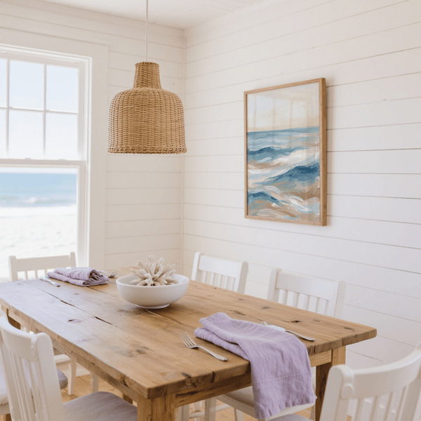 Impression artistique moderne représentant des vagues océaniques dans des tons bleus, blancs et beiges, pour décorer votre chambre à coucher.
