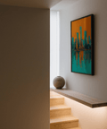 Modern Skyline Poster featuring teal and orange for bedroom wall art print