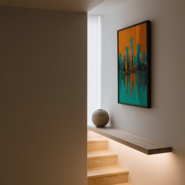 Modern Skyline Poster featuring teal and orange for bedroom wall art print